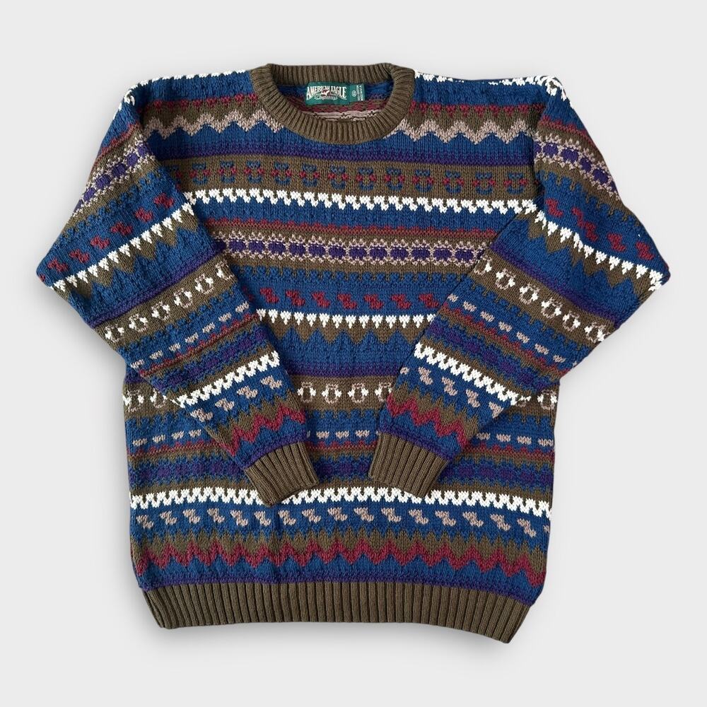 American Eagle Crewneck Sweater Mens XL Patterned Grandpacore Preppy Grunge